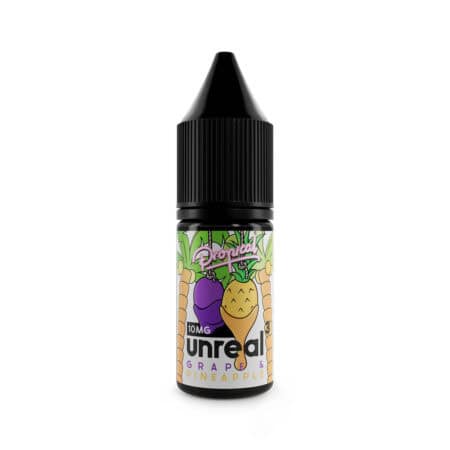 grape-and-pineapple-unreal-3-10ml-nicotine-salts bottle of unreal 3 grape and pineapple eliquid