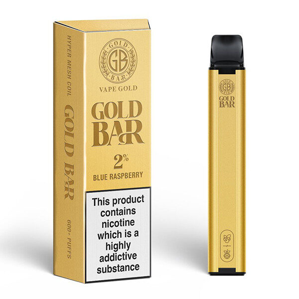 Available At Dispergo Vaping uk Gold Bar Disposable Vape Device 20mg In Blue Raspberry