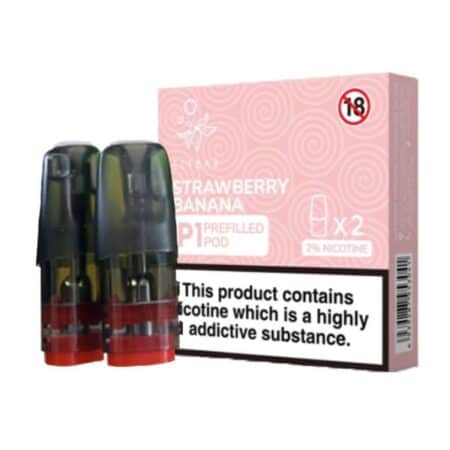 Elfbar Pre-Filled Pod 20mg x2 In Strawberry Banana, designed to be used in the rechargeable Elfbar Mate devices. Available At Dispergo Vaping UK