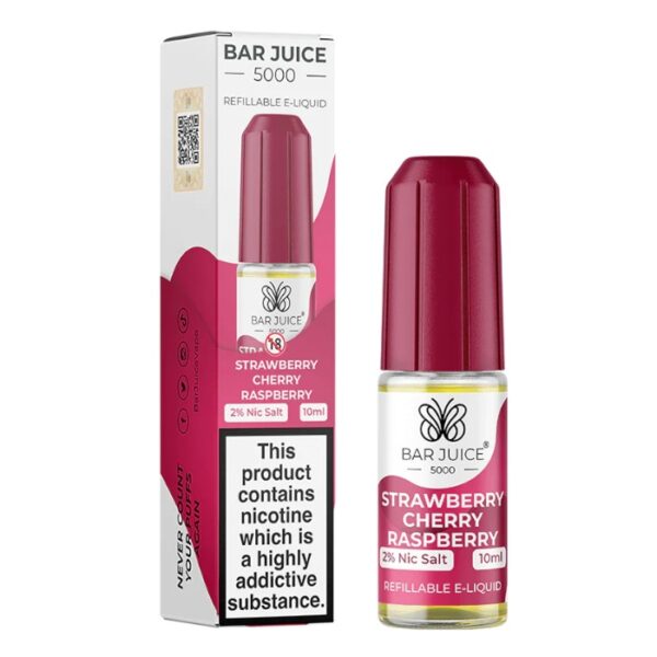 Available At Dispergo Vaping UK, Bar Juice 5000 2% Nic Salt 10ml E-Liquid In Strawberry Cherry & Raspberry