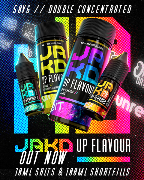 Out Now At Dispergo Vaping UK JAKD Up Flavour 10ml Salts & 100ml Shortfills, 50vg//Double Concentrated