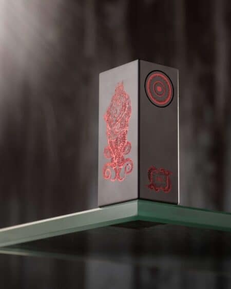 Bled-Cthylla-Mod-Deathwish-Modz-UK Available At Dispergo Vaping The Cthylla Deathwish Mod powered by a single 21700 battery, designed for Vape Enthusiasts In Bled