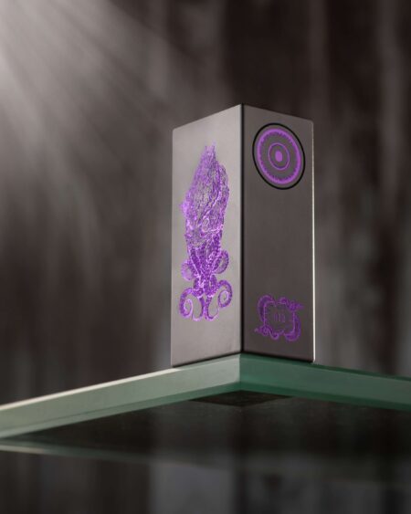 Purple-Pain-Cthylla-Mod-Deathwish-Modz-UK Available At Dispergo Vaping The Cthylla Deathwish Mod powered by a single 21700 battery, designed for Vape Enthusiasts In Purple Pain