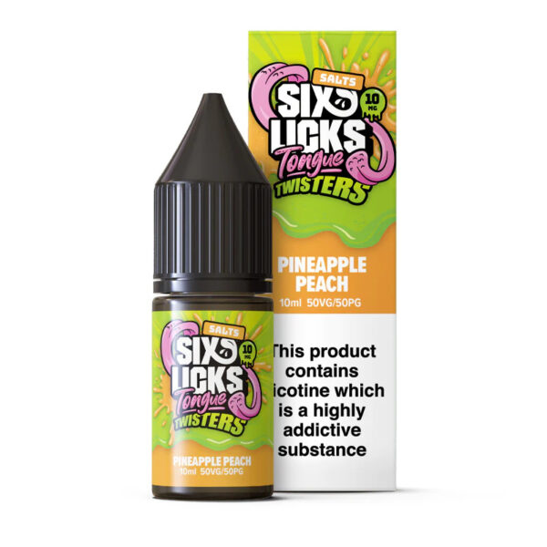 Get your Six Licks Tongue Twisters Pineapple Peach 10ml nicotine salt eliquid today at Dispergo Vaping!
